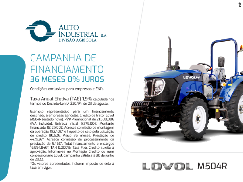 Campanha de financiamento LOVOL - Trator Lovol M504R. PVP Promocional de 21.500,00€ 36 meses 0% Juros