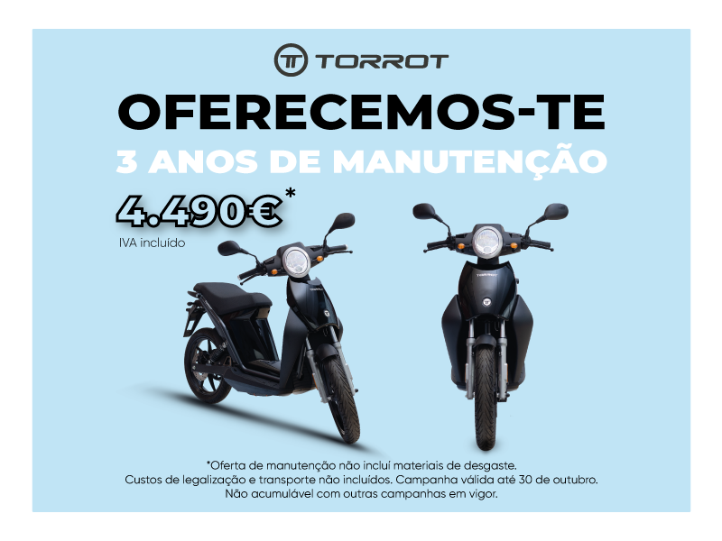 Oferta de 3 anos de manutenção na compra de uma Scooter Elétrica TORROT 